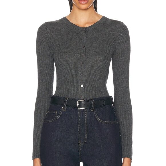 NEW Enza Costa Silk Sweater Rib Fitted Longsleeve Cardigan in Heather Charcoal - Picture 1 of 5